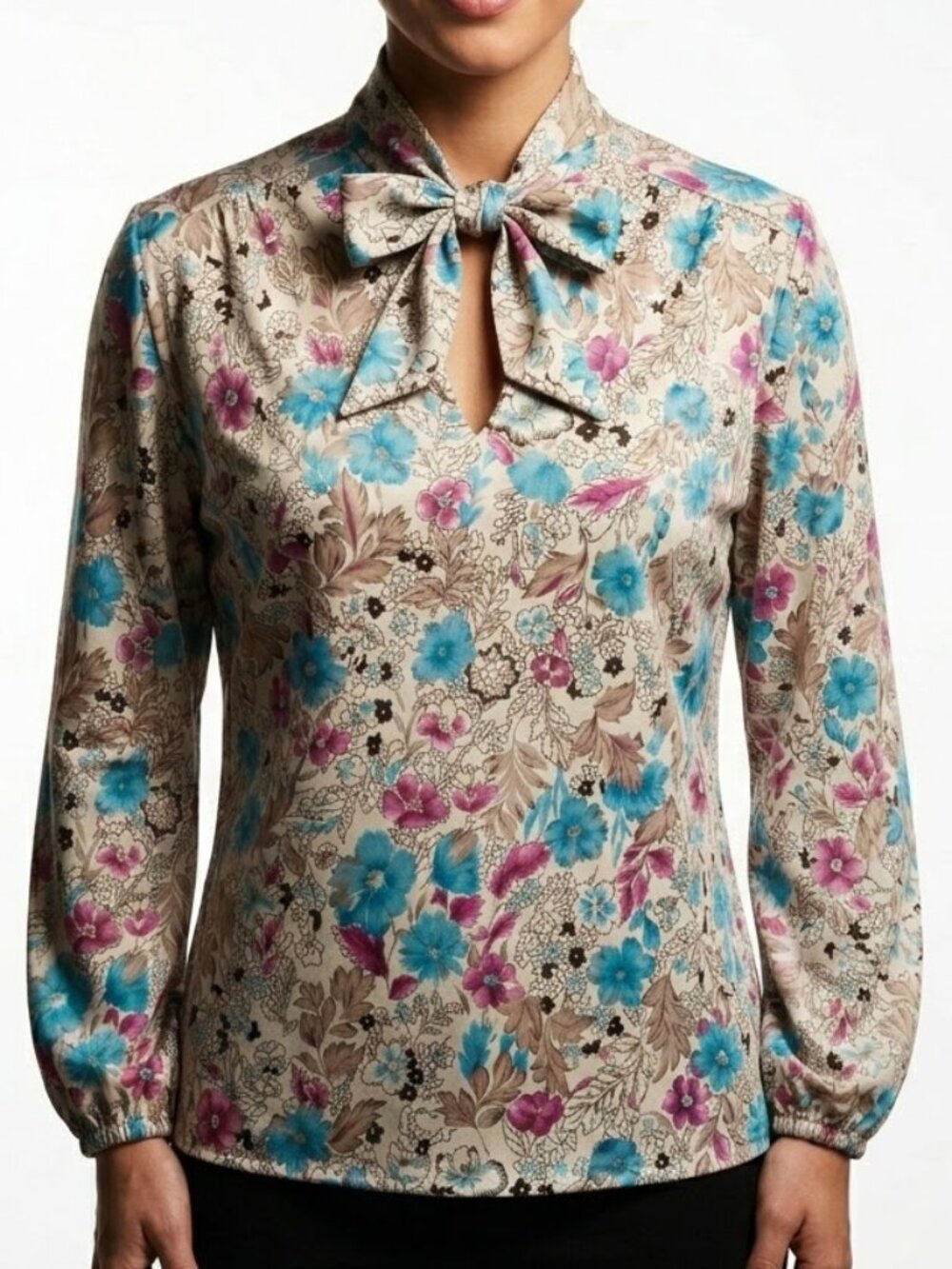 VINTAGE Turn On 70s Whimsigoth Floral Bow Blouse Keyhole Long Sleeve Top L